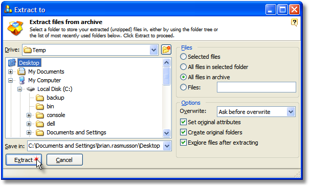 Select where to store the files extracted from the RAR file