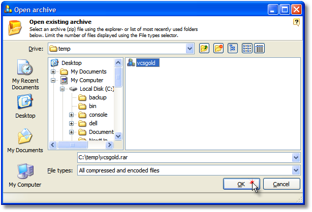 Selecting a RAR file