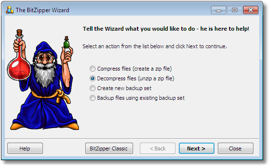 BitZipper Wizard selection screen