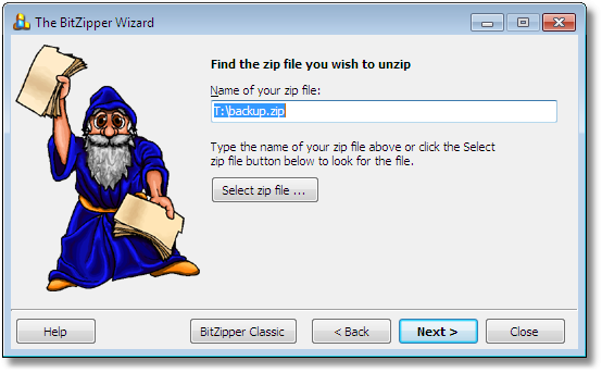 BitZipper Extraction Wizard: Select your ZIP file