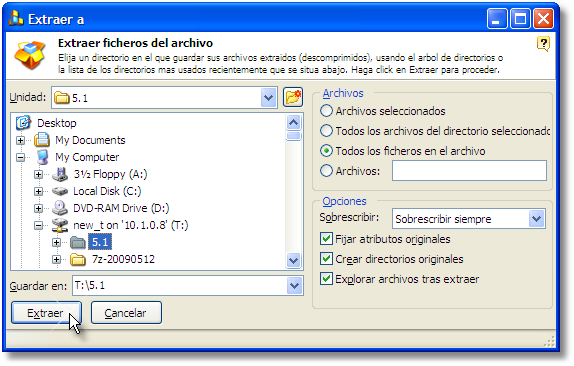 Select where to store the files extracted from the RAR file